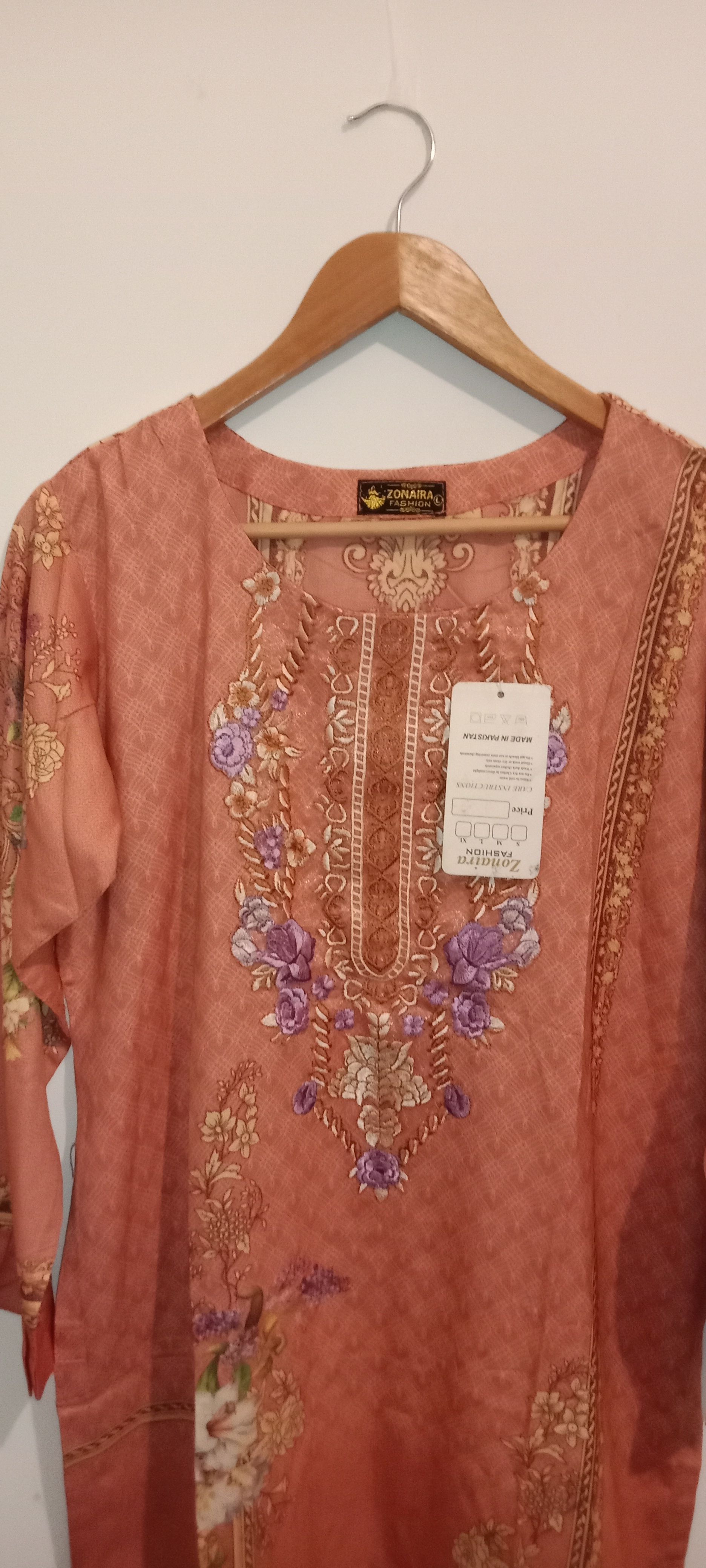 Asian suit Peach Printed with Floral Embroidery - Image 3