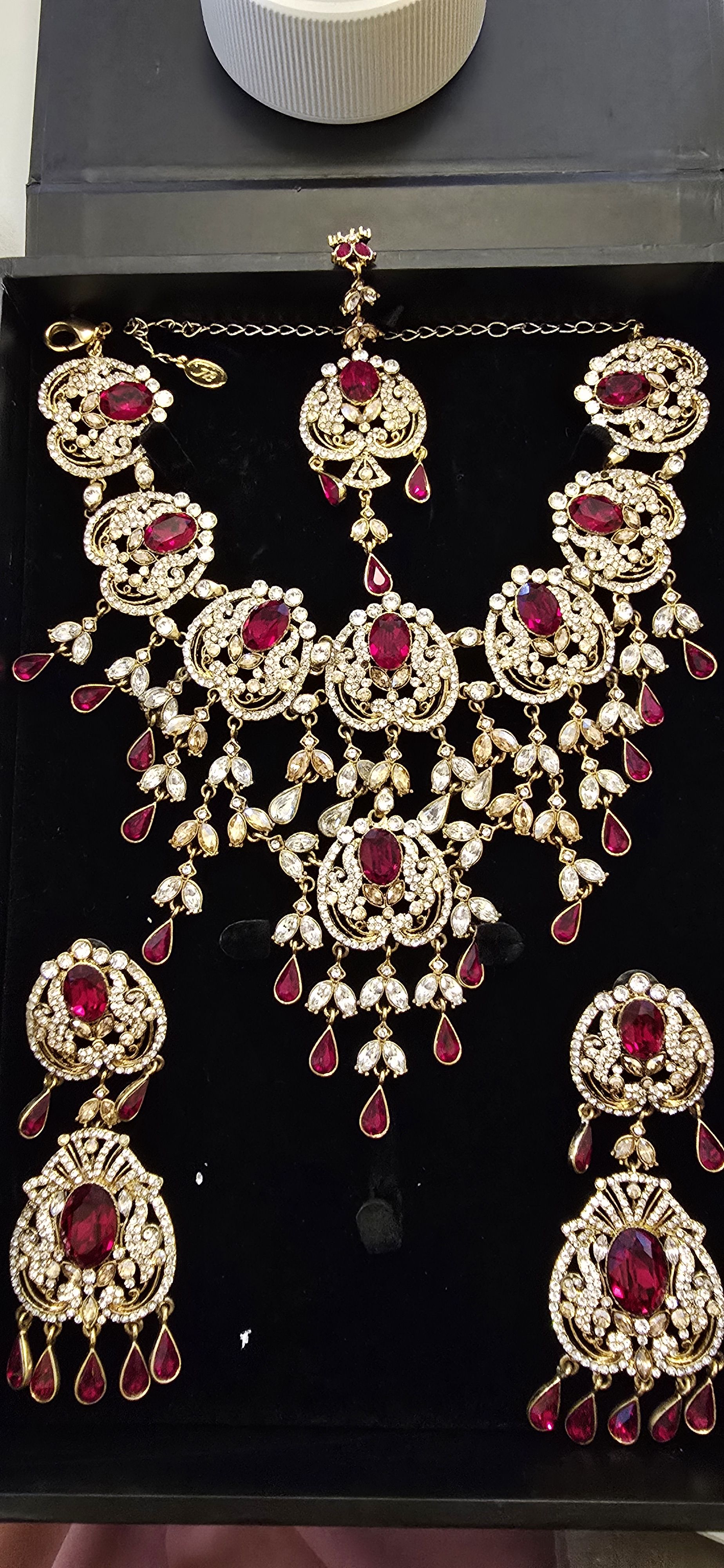Gold and Red Necklace and Earring Set