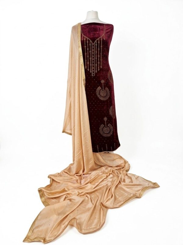 Maroon Velvet Anarkali Suit with Gold Embellishment