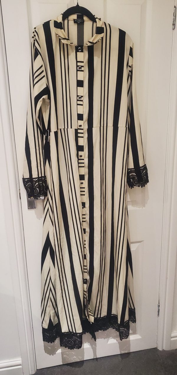 White and Black Striped Kaftan with Lace Trim