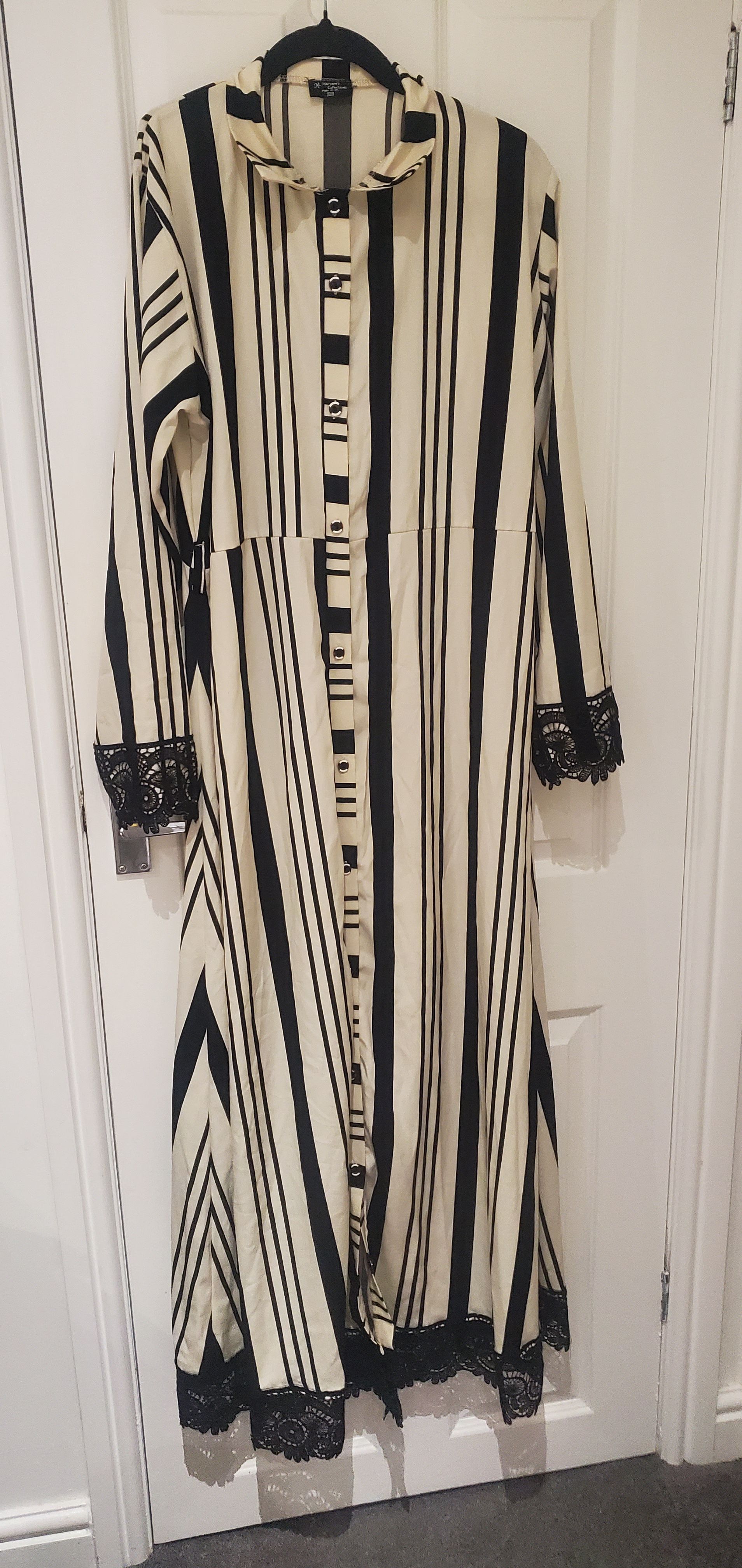 White and Black Striped Kaftan with Lace Trim