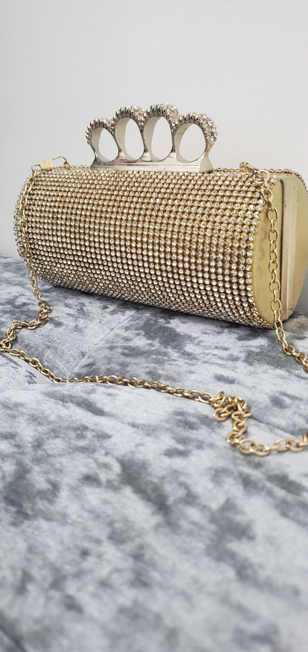 Cylinder Clutch Bag with Rhinestones and Knuckle Duster Handle