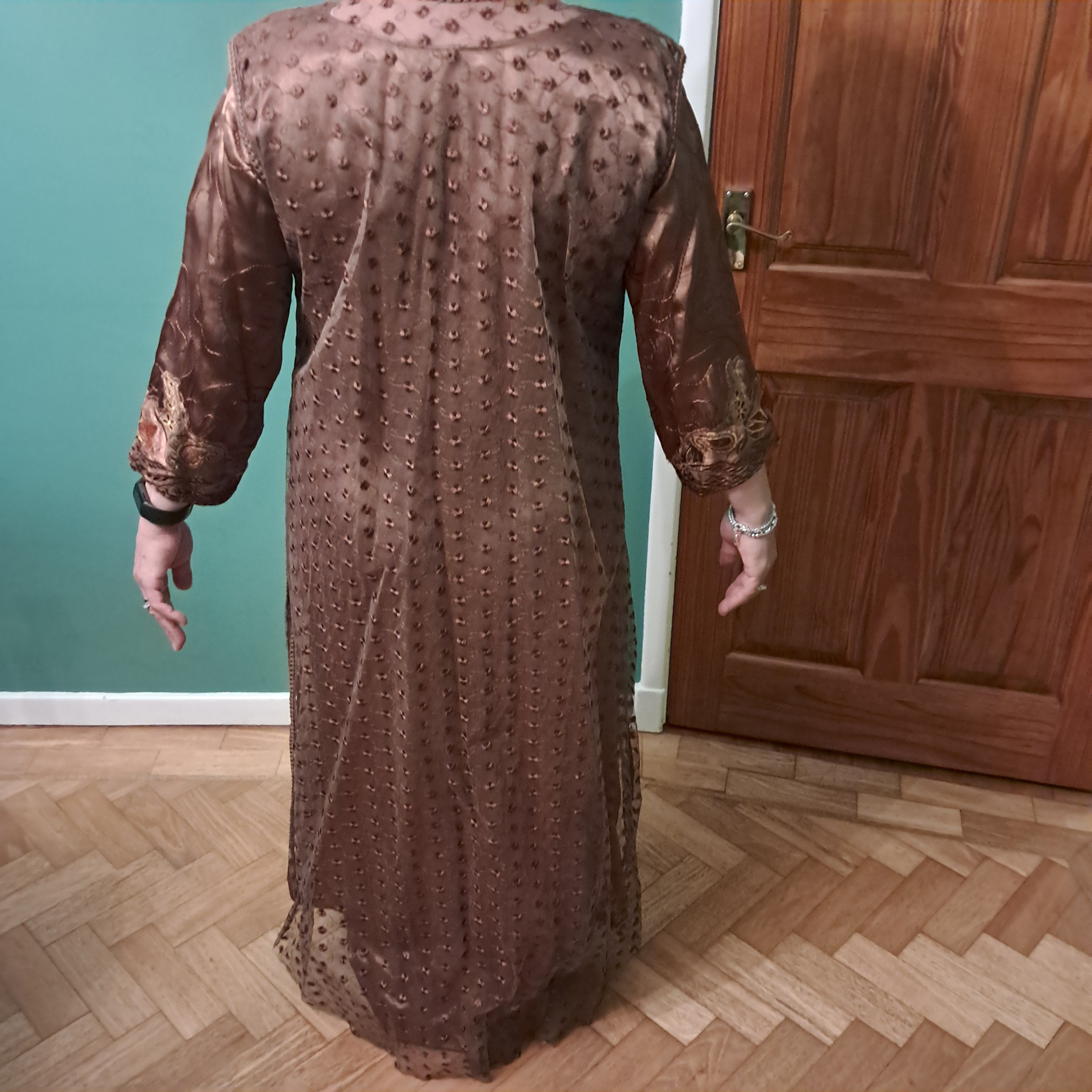 Brown Embroidered sleeveless overgown with Floral and Leaf Motifs and long abbaya - Image 4
