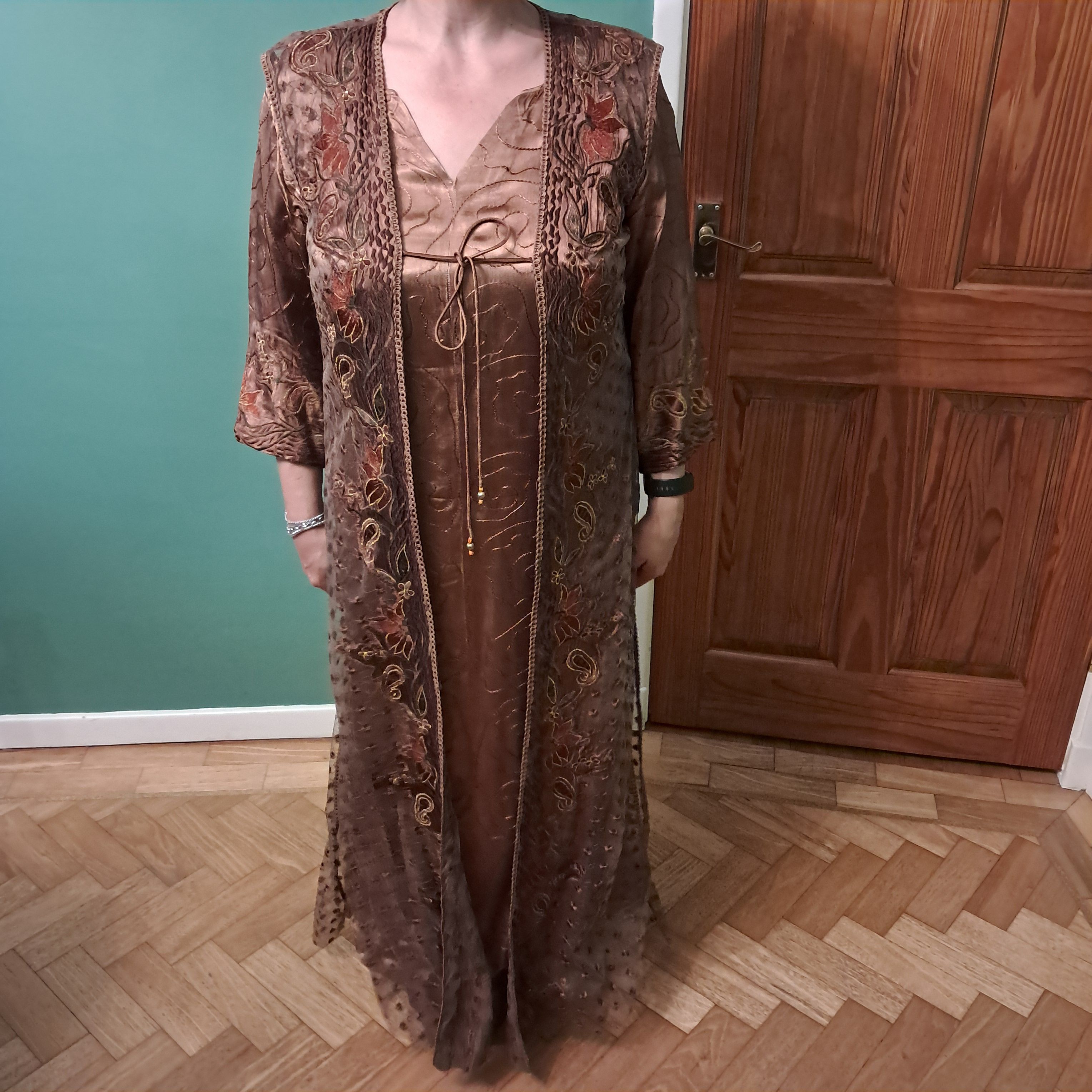 Brown Embroidered sleeveless overgown with Floral and Leaf Motifs and long abbaya