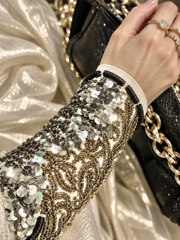 Beige Arm Warmers with Silver Sequins and Black Trim