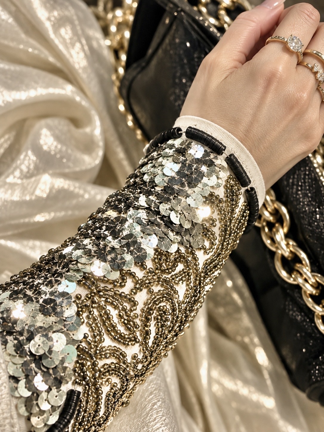 Beige Arm Warmers with Silver Sequins and Black Trim