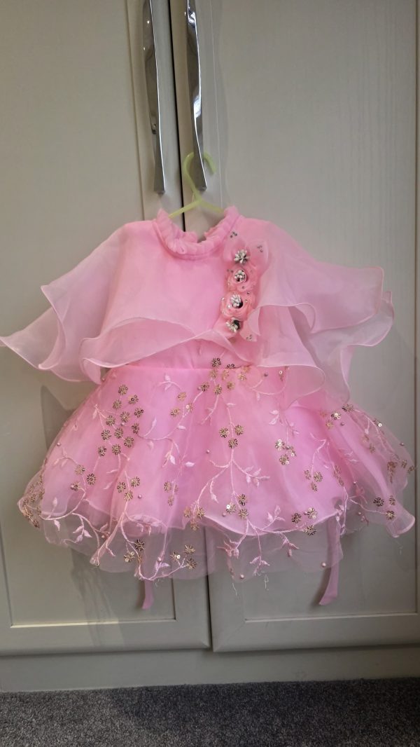 Girls Pink Party Dress with Capelet and Floral Embellishments