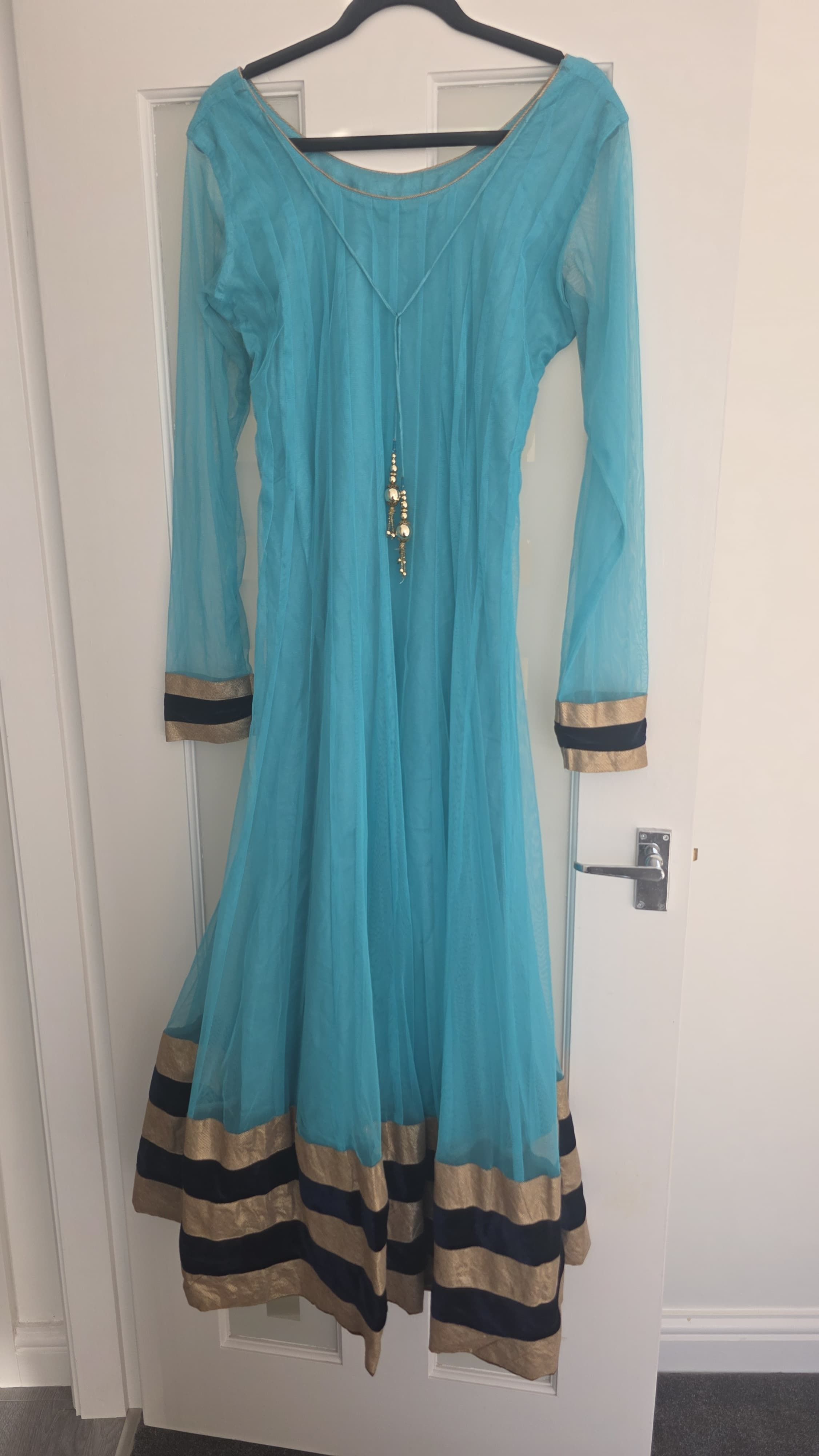 Light Blue Anarkali Dress with Gold and Black Embellishment - Image 2