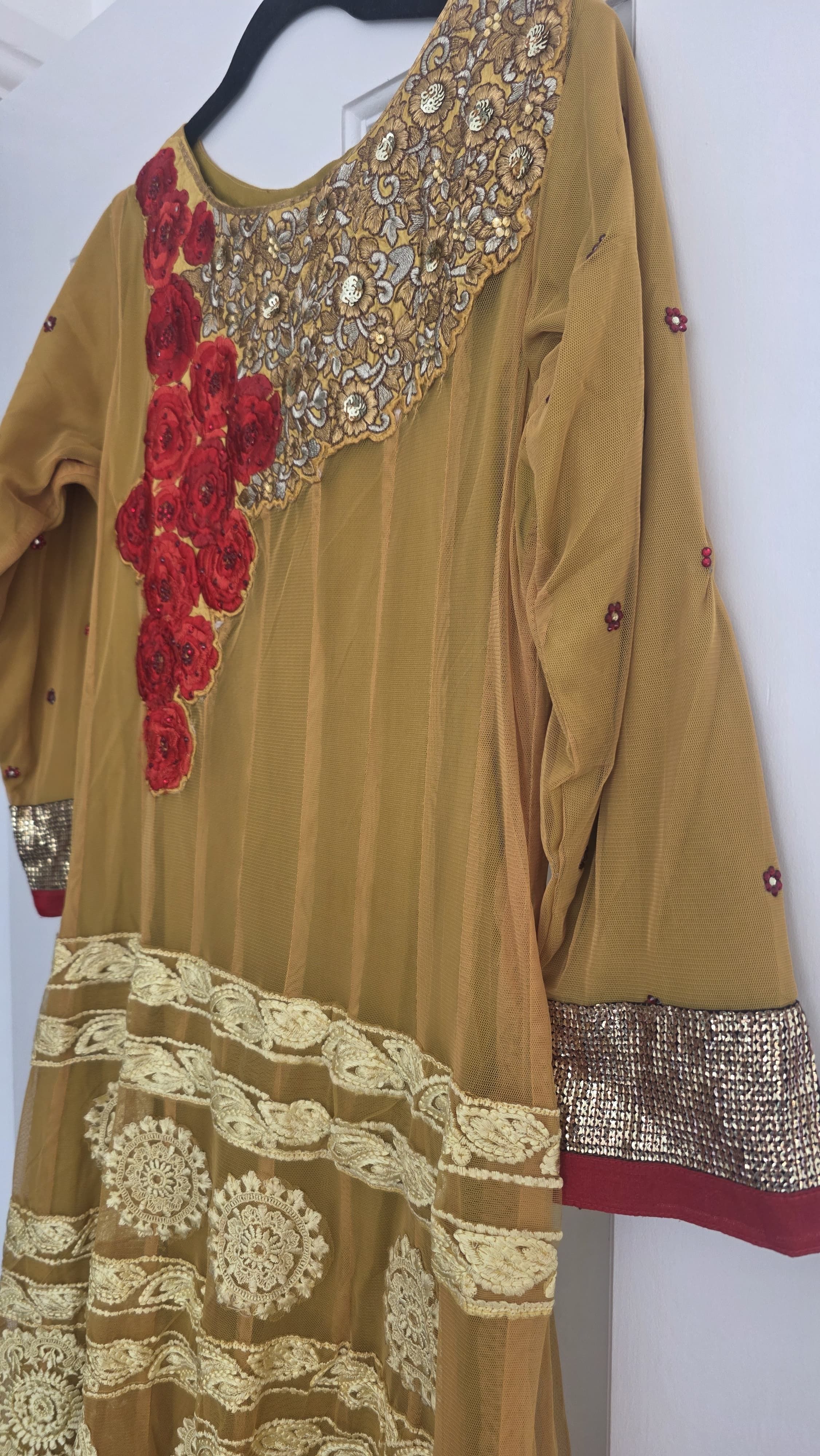 Mustard Anarkali Suit with Red Floral Applique and Gold Embellishment - Image 2