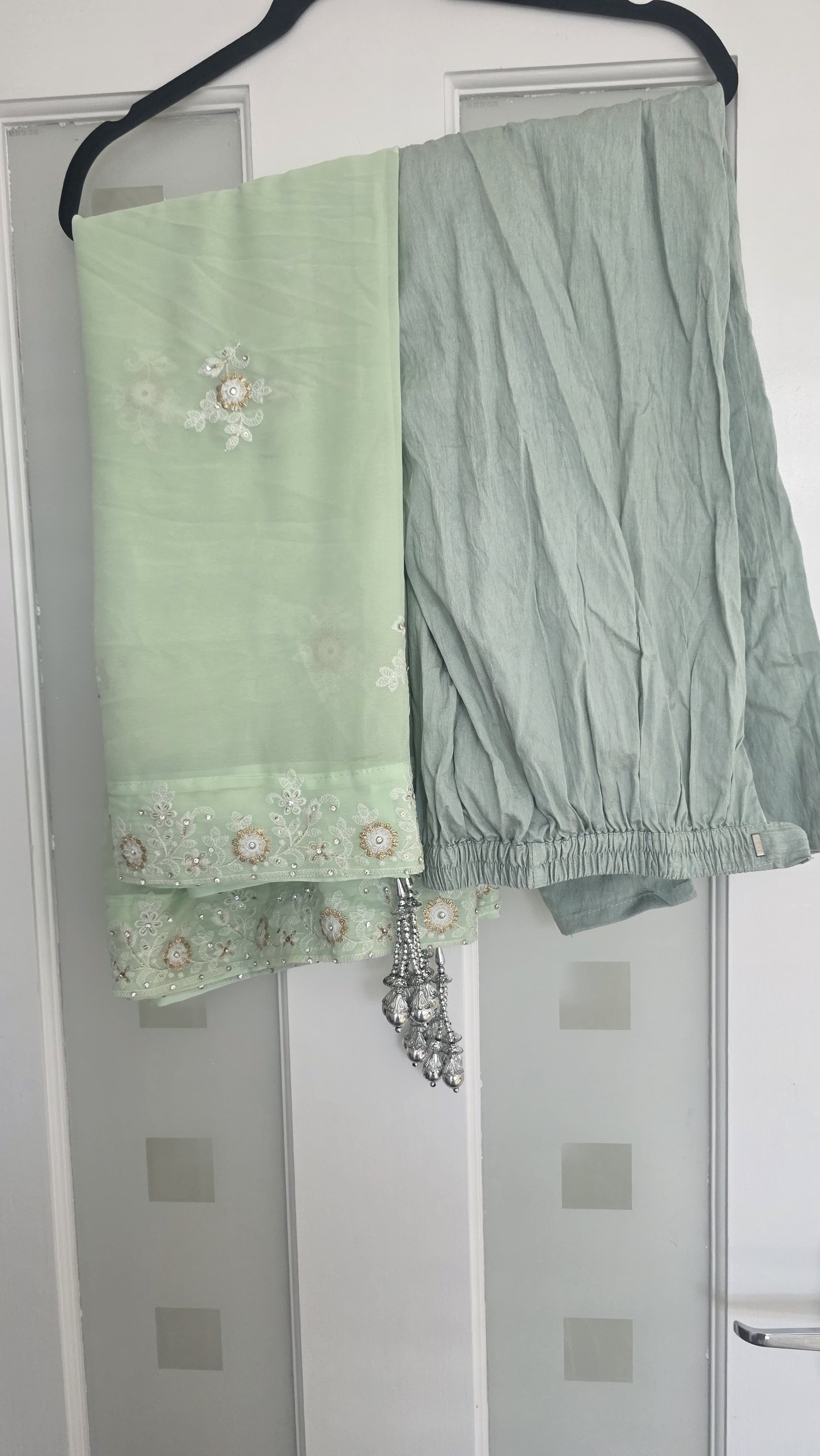 Light Green Anarkali Suit with White Embroidery - Image 5