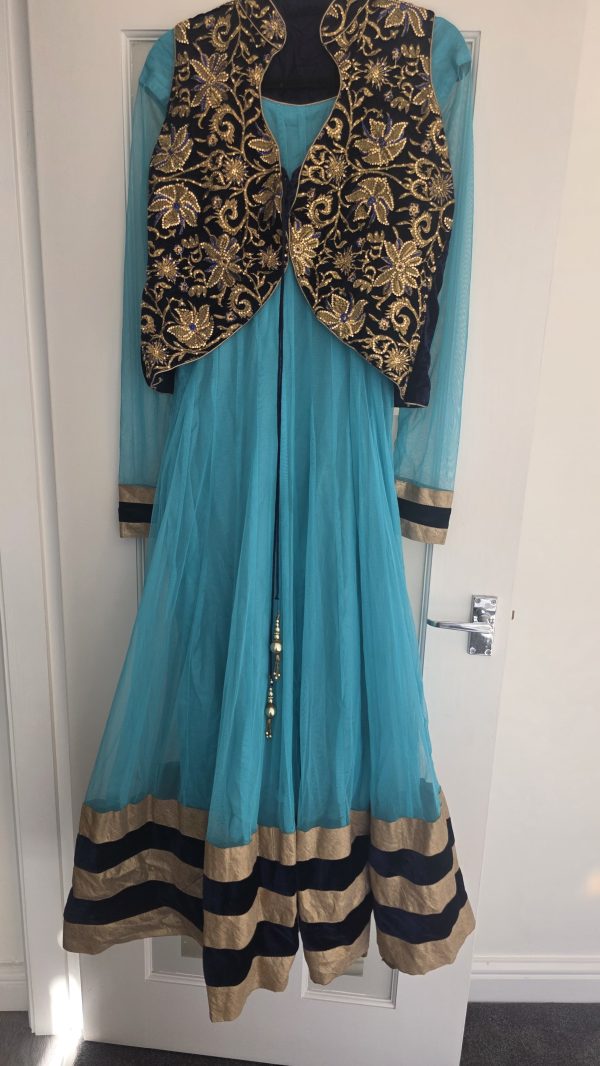 Light Blue Anarkali Dress with Gold and Black Embellishment