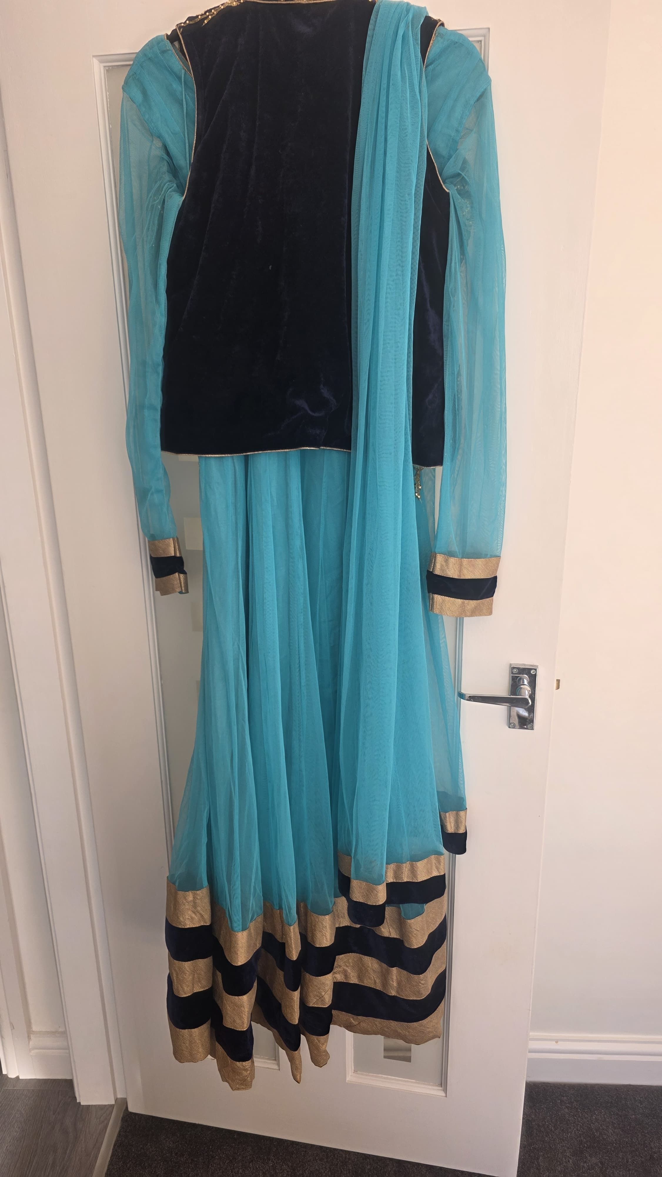Light Blue Anarkali Dress with Gold and Black Embellishment - Image 3