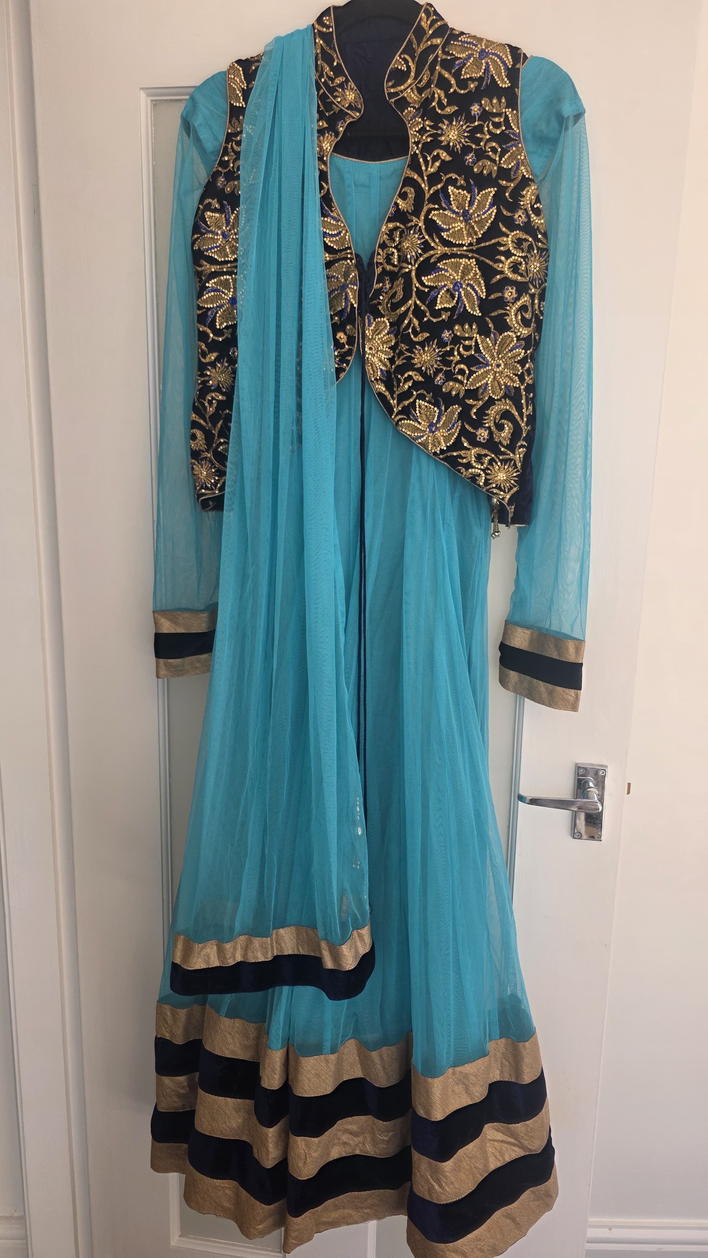 Light Blue Anarkali Dress with Gold and Black Embellishment - Image 4
