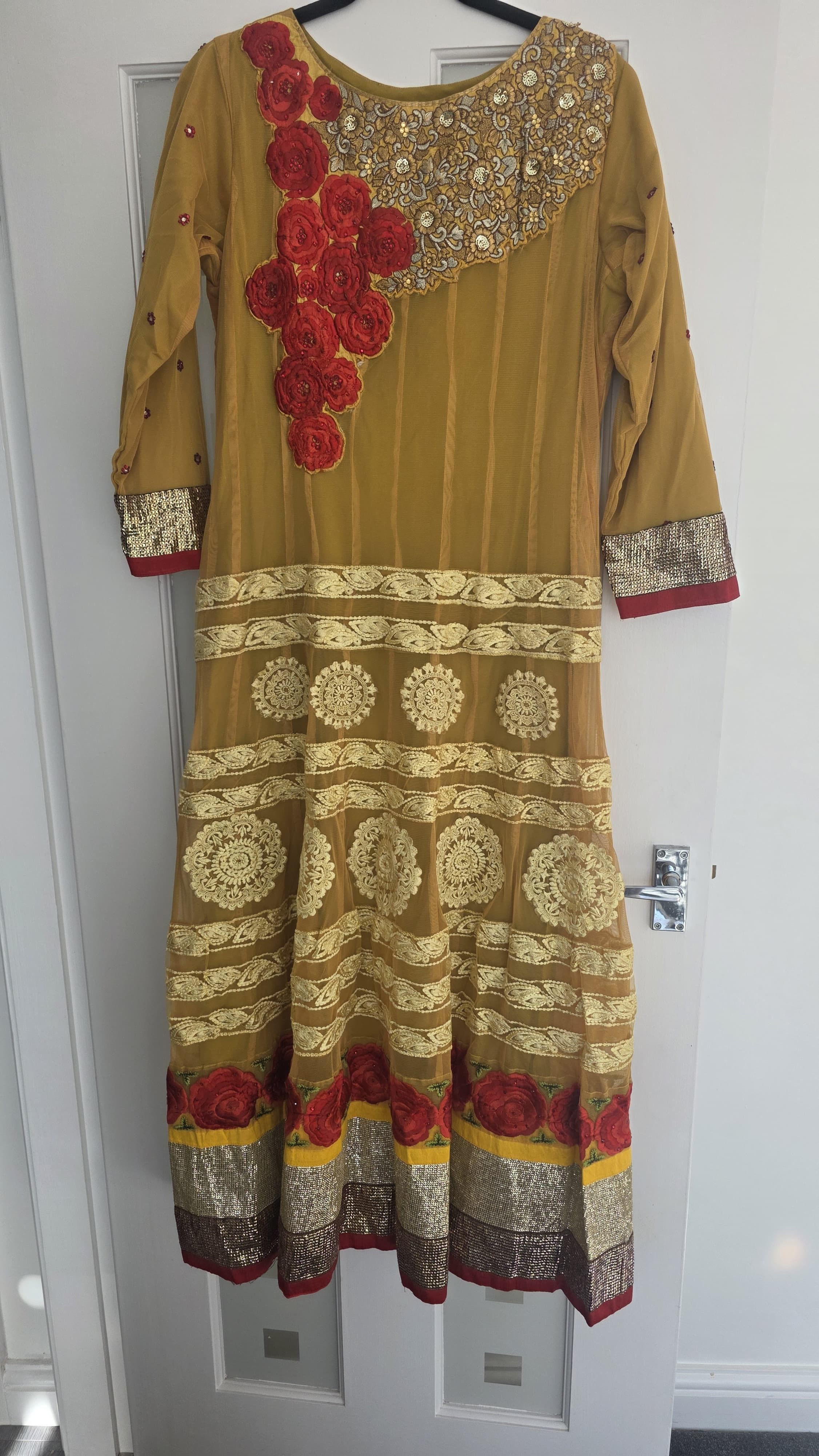 Mustard Anarkali Suit with Red Floral Applique and Gold Embellishment