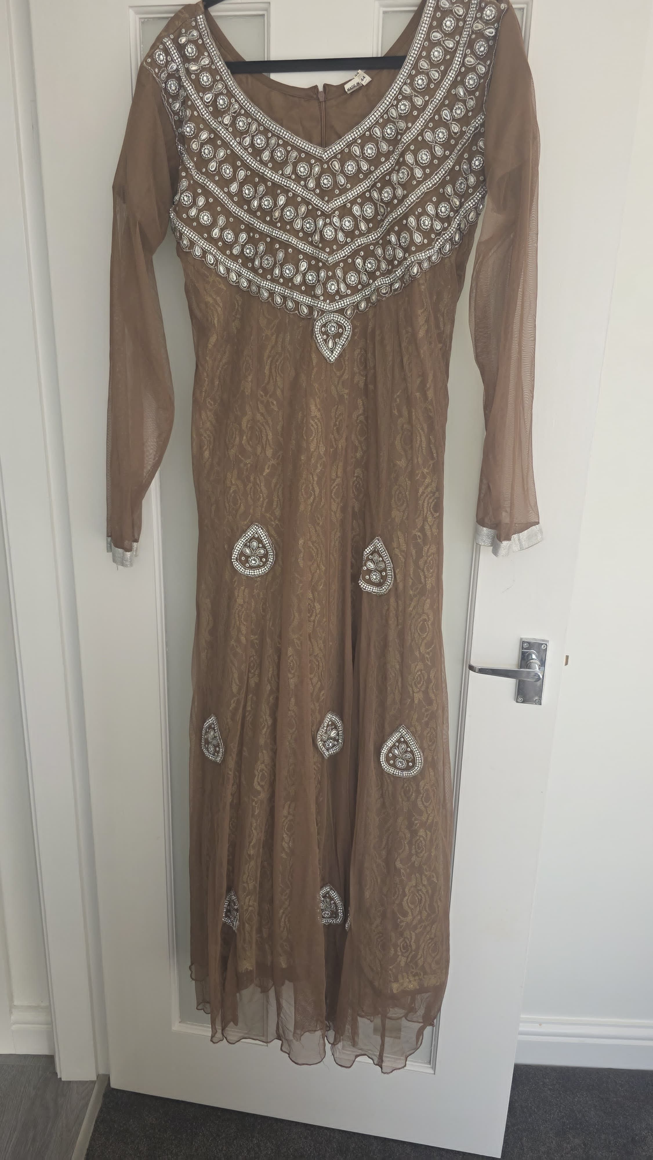 Long Sleeve Anarkali Dress with White Embroidery
