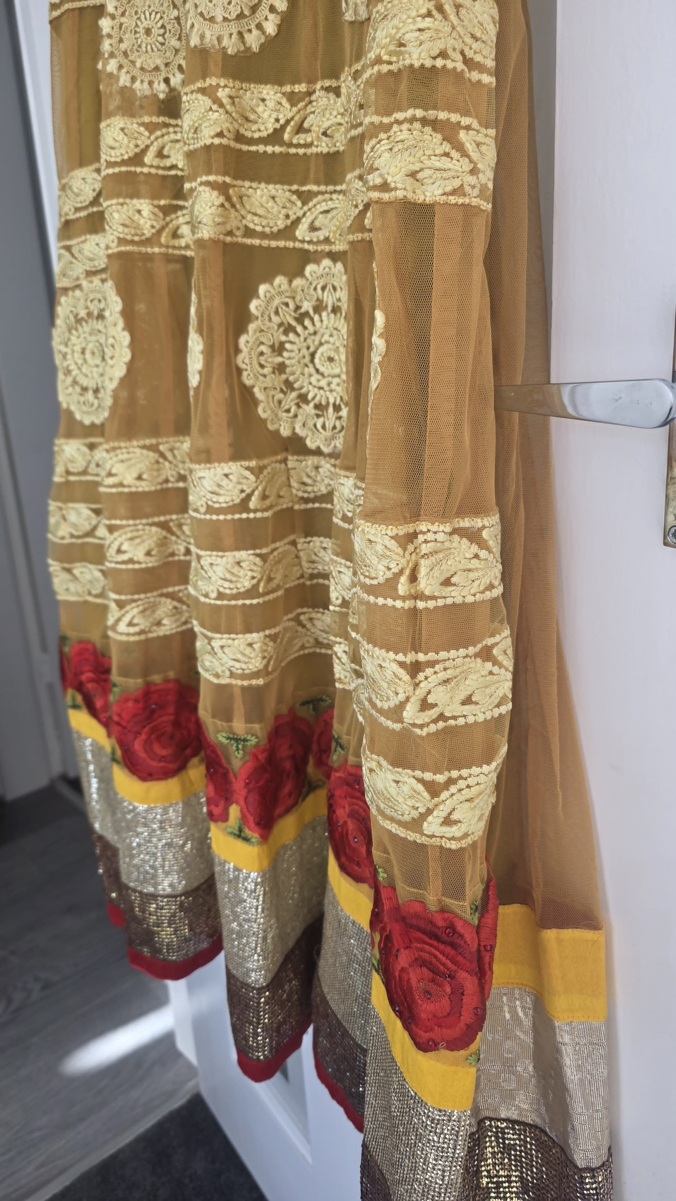 Mustard Anarkali Suit with Red Floral Applique and Gold Embellishment - Image 3