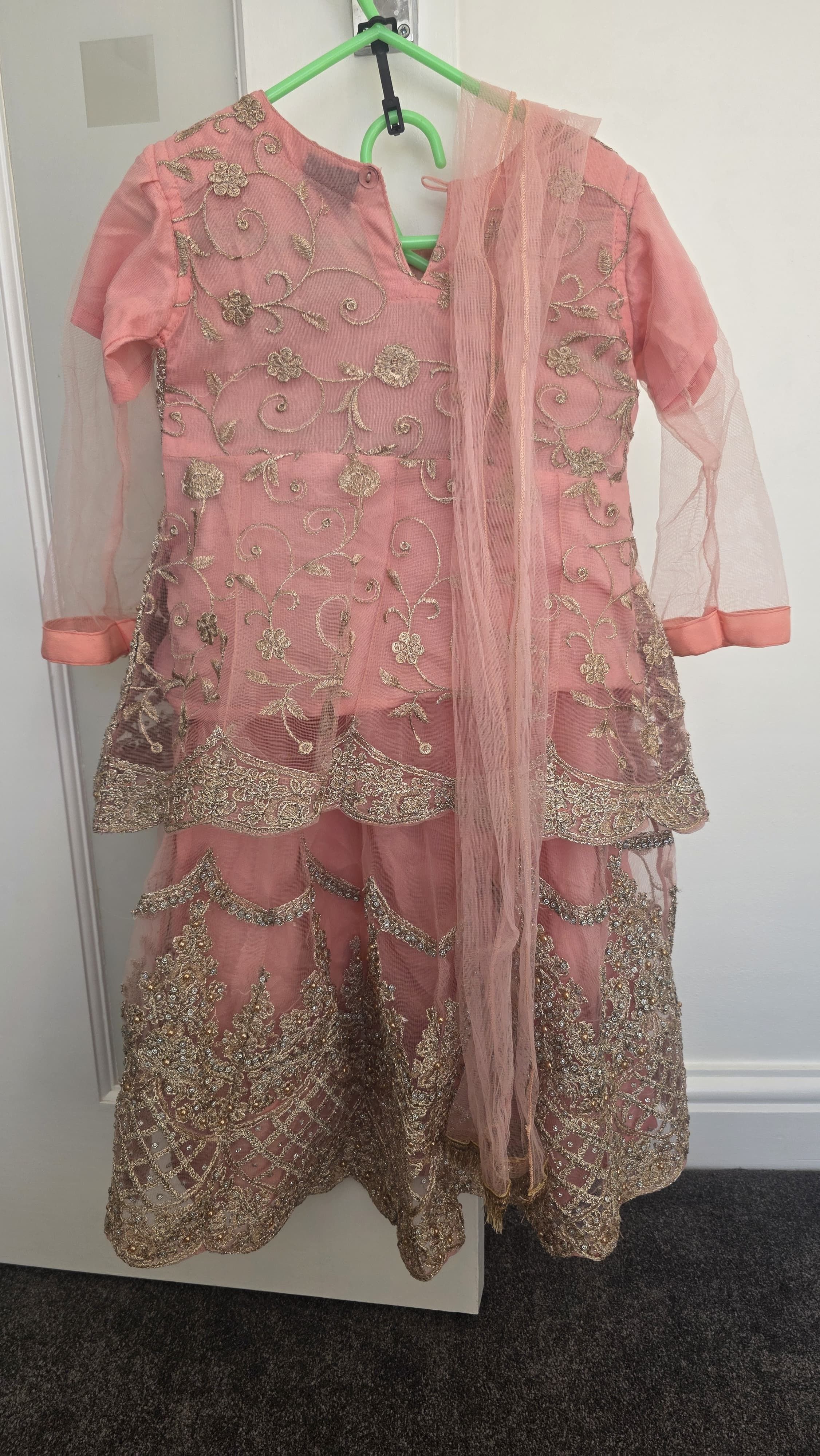 Girls Peach Net Kameez Shalwar with Dupatta - Image 2