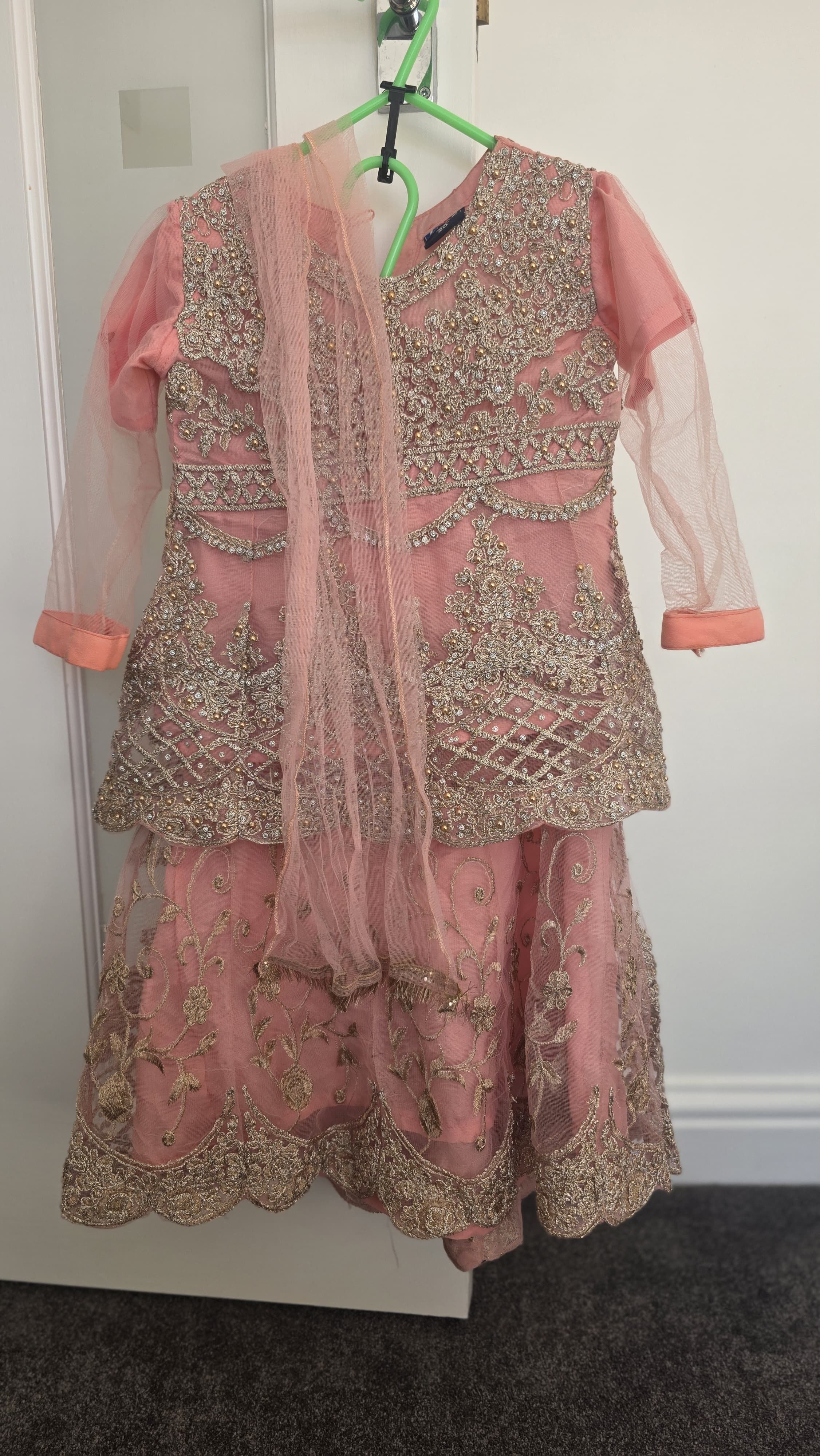 Girls Peach Net Kameez Shalwar with Dupatta
