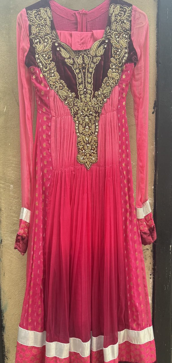 Rani Pink Anarkali Dress with Gold Polka Dots and Velvet Yoke