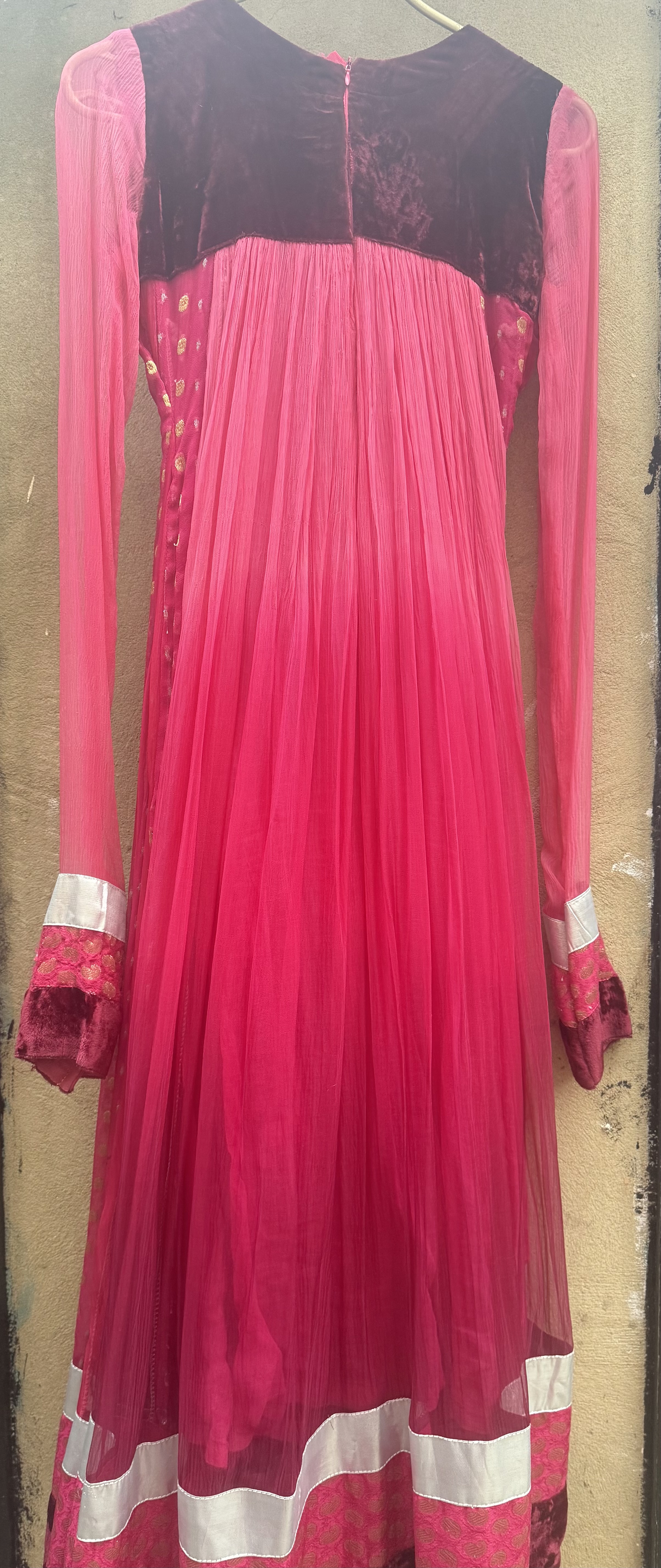 Rani Pink Anarkali Dress with Gold Polka Dots and Velvet Yoke - Image 2