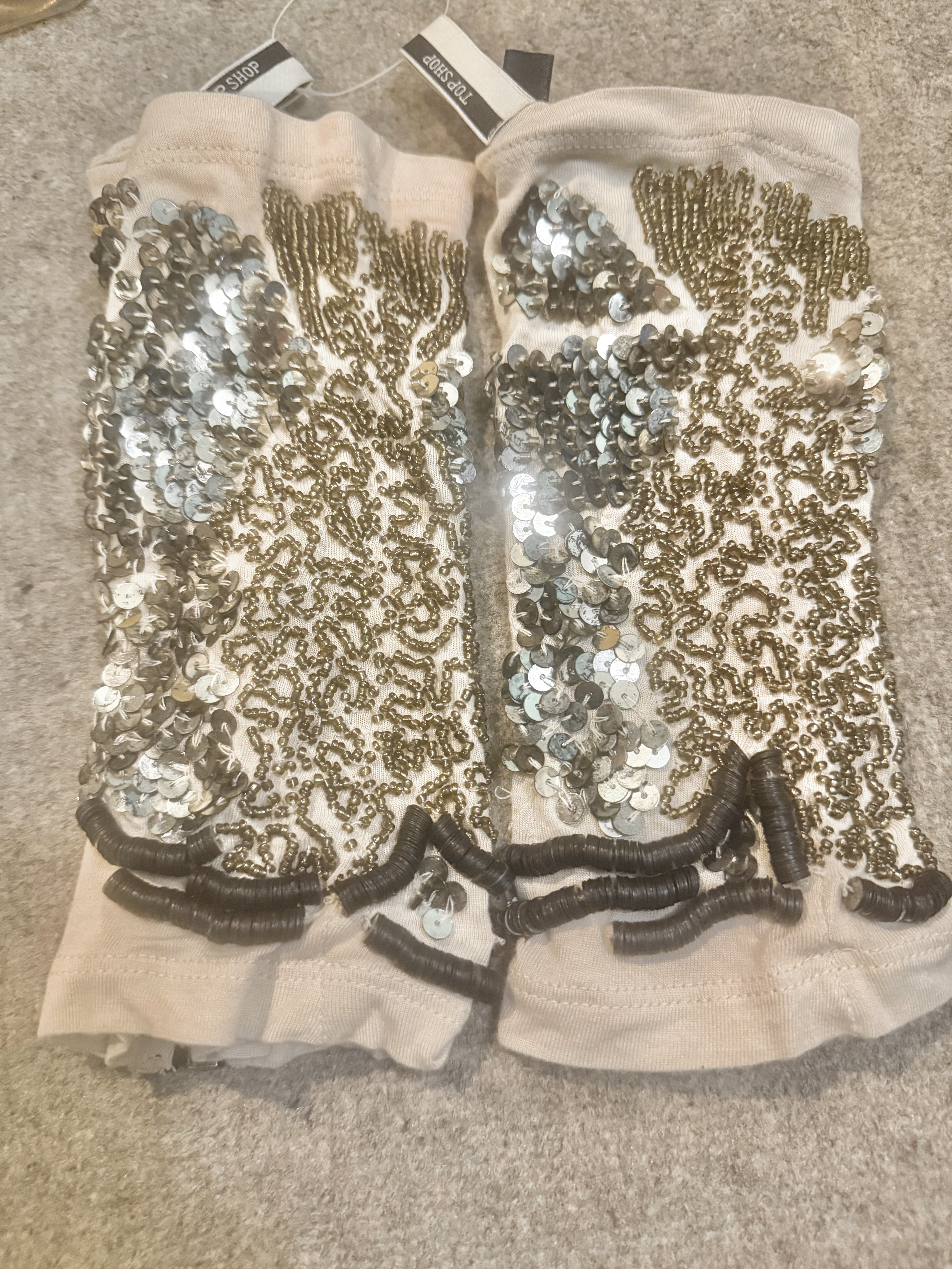 Beige Arm Warmers with Silver Sequins and Black Trim - Image 2