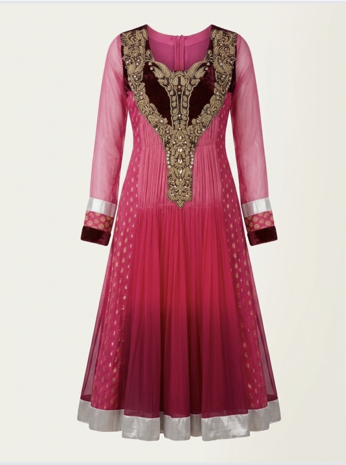 Rani Pink Anarkali Dress with Gold Polka Dots and Velvet Yoke - Image 5