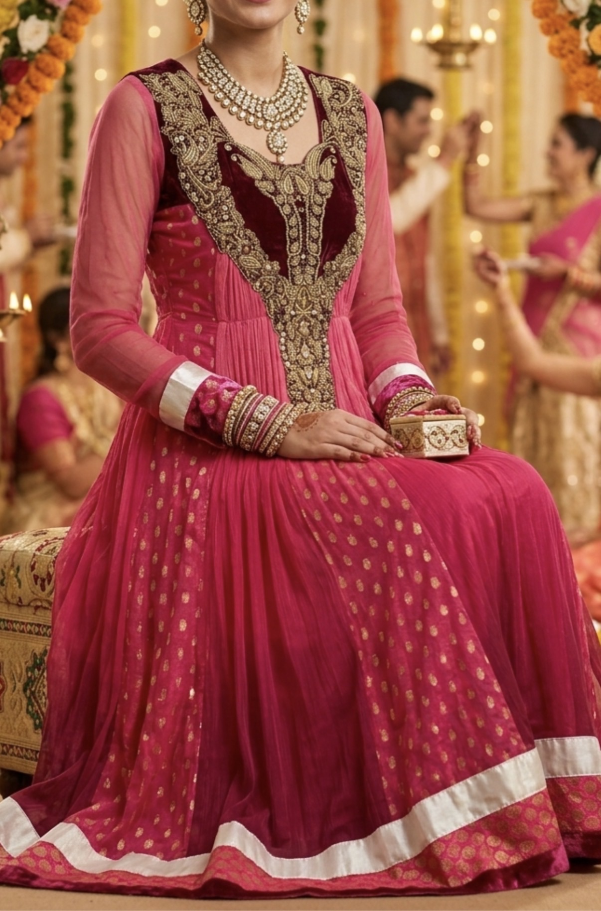 Rani Pink Anarkali Dress with Gold Polka Dots and Velvet Yoke - Image 4