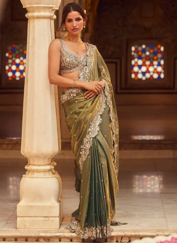 Moss Green Embroidered Silk Saree with Blouse | Size S | New with Tags