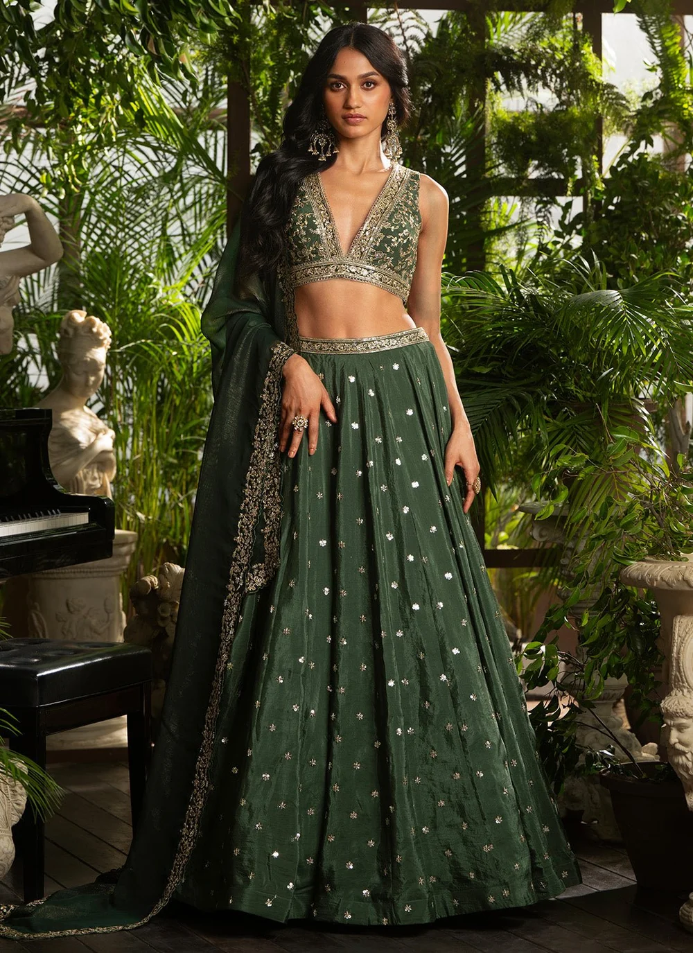 Lashkaraa Dark Green Embroidered Crepe Silk Lehenga | Size S | 3 Piece Set