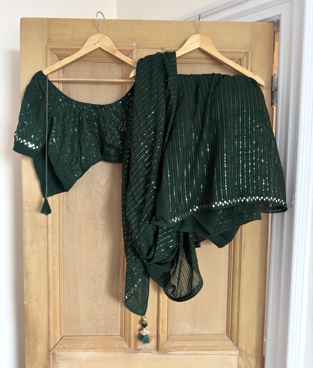 Emerald Green Sequin Saree with Matching Blouse | Size M | Bought in India - Image 2