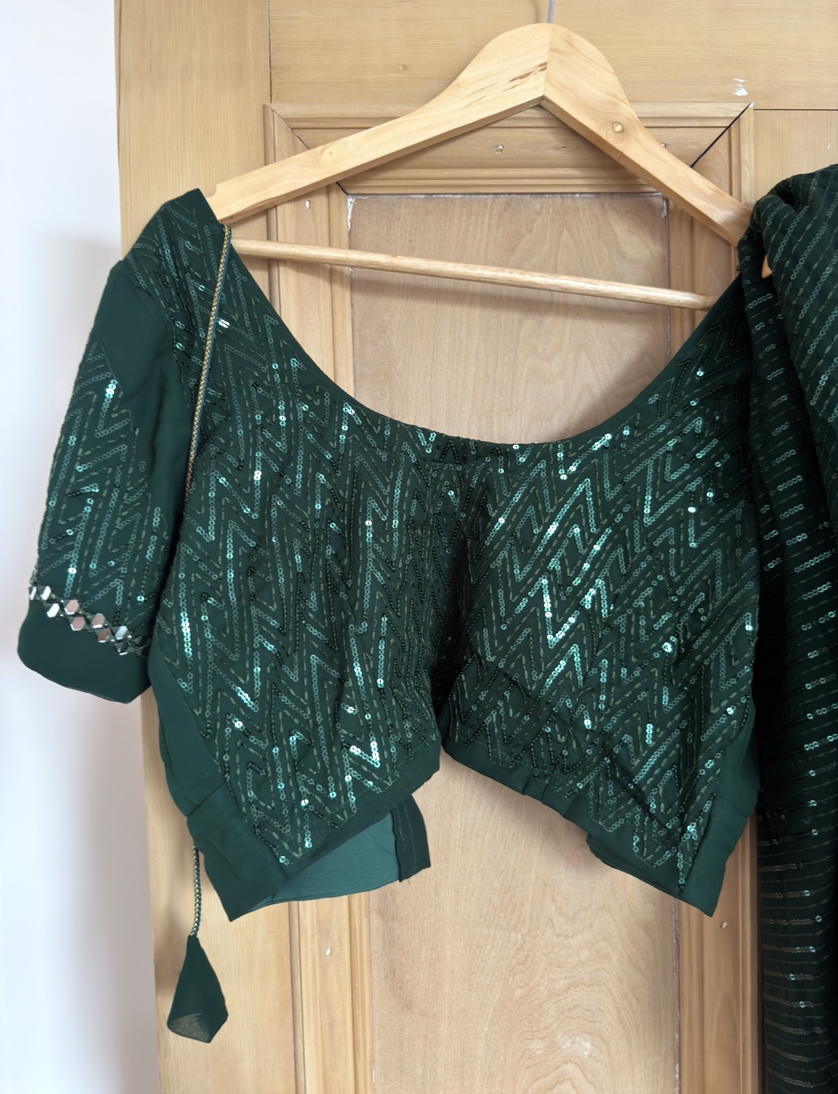 Emerald Green Sequin Saree with Matching Blouse | Size M | Bought in India - Image 3