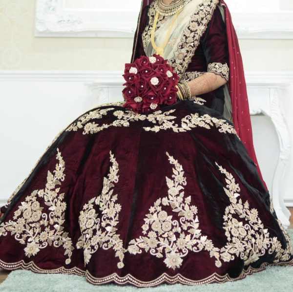 Maroon Velvet Lehenga with Gold Embroidery