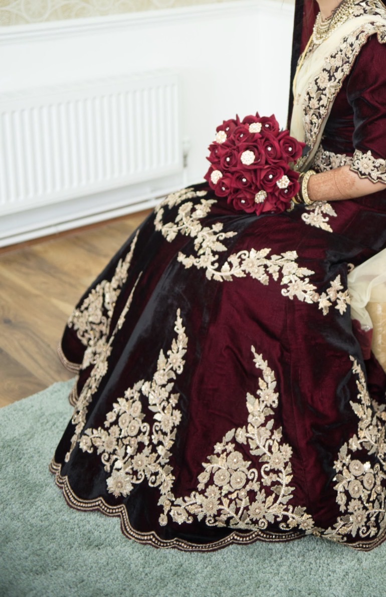 Maroon Velvet Lehenga with Gold Embroidery - Image 3