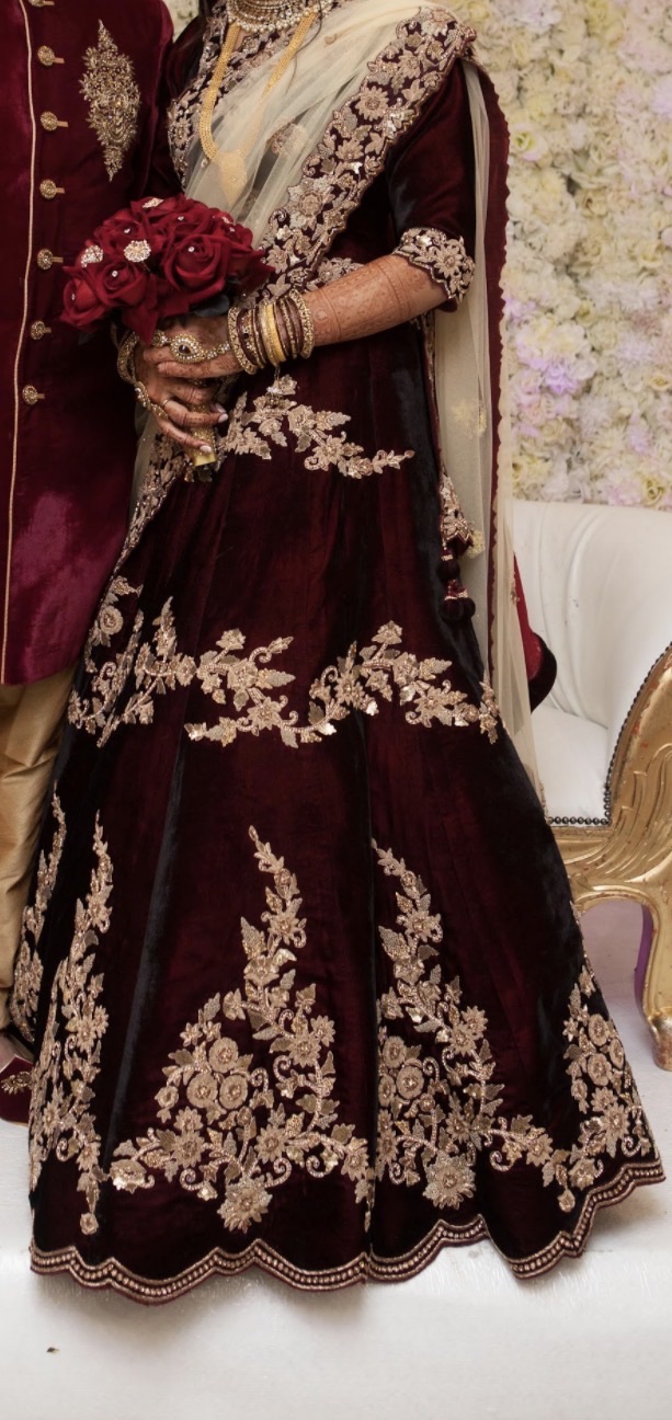 Maroon Velvet Lehenga with Gold Embroidery - Image 4